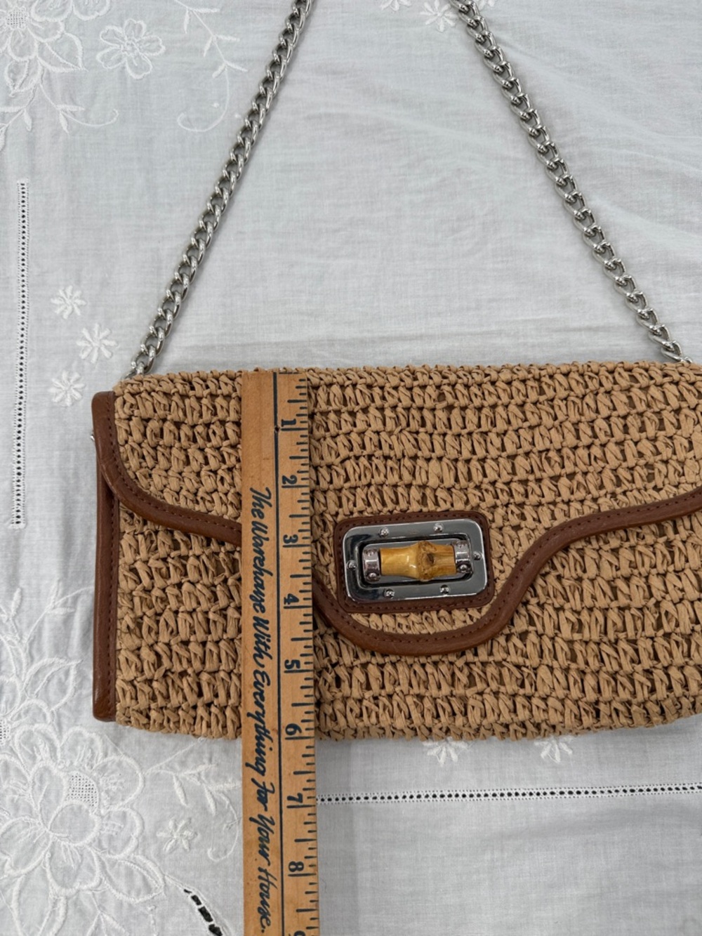 Straw Studios Bag Wm Woven Silver Chain Shoulder Purse Summer Preppy Boho - Picture 4 of 9